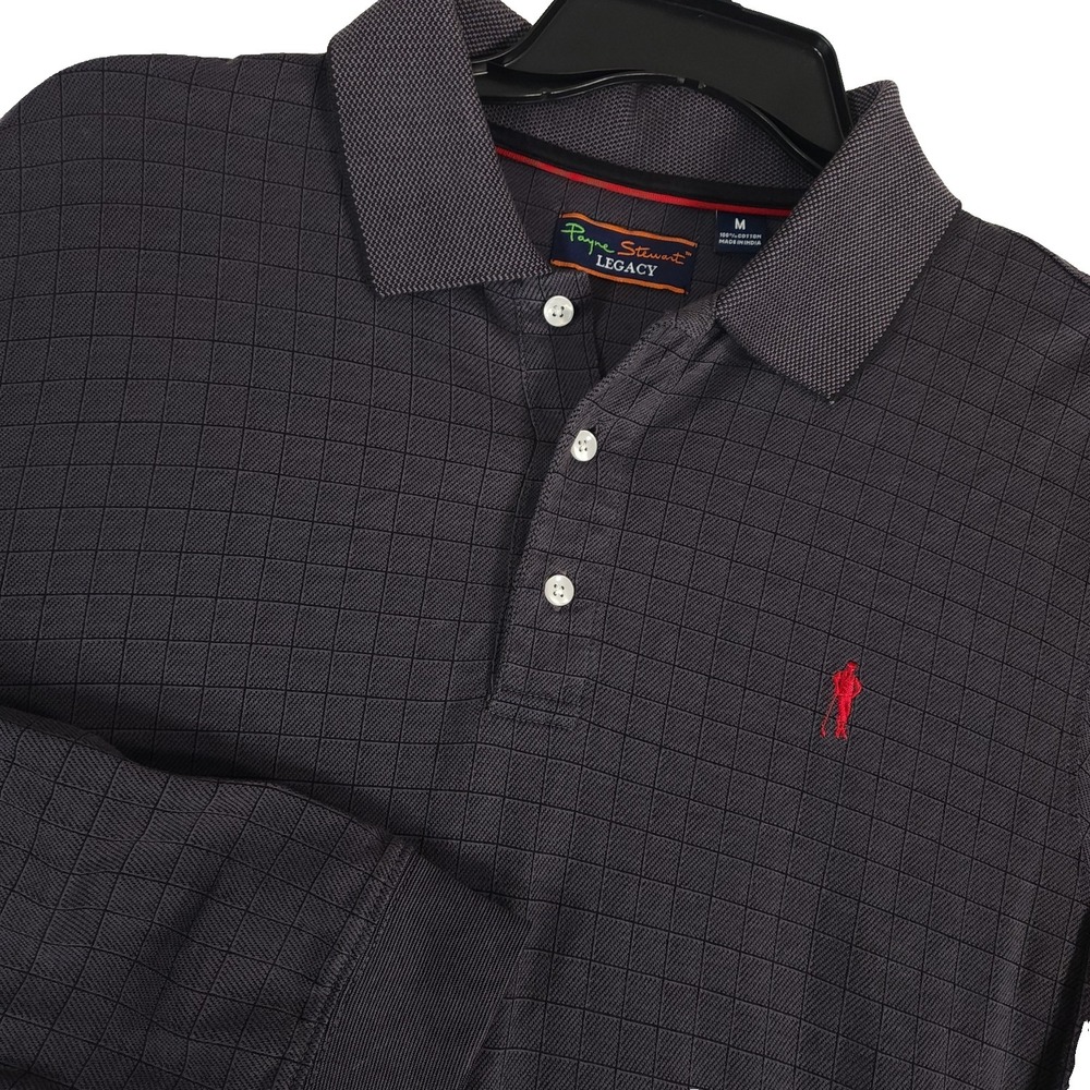 Payne Stewart Polo Shirt Mens Medium Dark Gray Legacy Grid Check‎ Long Sleeve